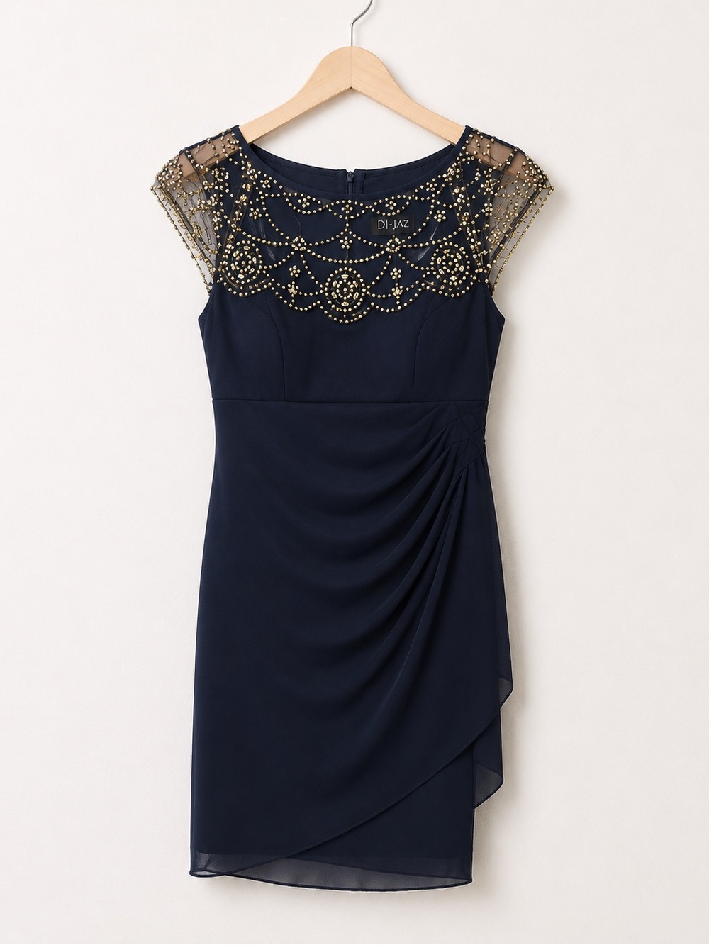 DJ-Jaz Navy Blue Gold Studded Mesh Cap-Sleeve Boatneck Side Mini Cocktail Dress